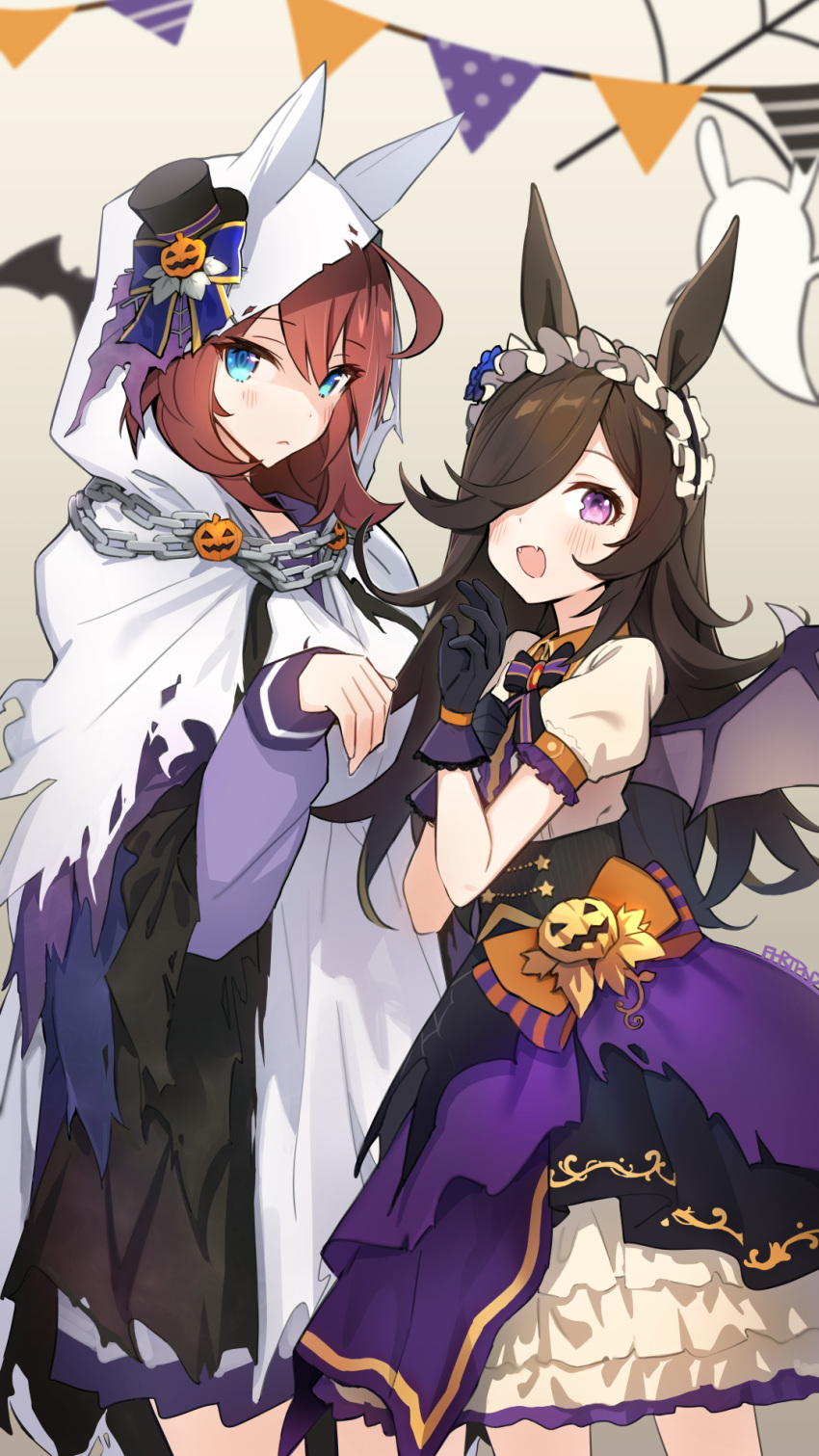 2girls animal_ears bat_wings black_gloves black_headwear blue_eyes blush brown_hair chain closed_mouth commentary eyebrows_visible_through_hair fpanda ghost_costume gloves hair_between_eyes hair_over_one_eye halloween halloween_costume hat highres horse_ears horse_girl long_hair long_sleeves make_up_in_halloween!_(umamusume) mihono_bourbon_(umamusume) mini_hat mini_top_hat multiple_girls official_alternate_costume open_mouth pleated_skirt puffy_short_sleeves puffy_sleeves purple_eyes purple_skirt rice_shower_(umamusume) school_uniform short_sleeves signature skirt smile symbol-only_commentary top_hat tracen_school_uniform umamusume vampire_costume wings