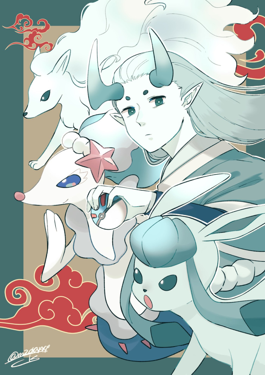 1boy alolan_ninetales aqua_eyes aqua_hair aqua_horns closed_mouth cloud crossover expressionless glaceon great_ball highres holding holding_poke_ball long_hair looking_at_viewer male_focus matsuda_(2139845) pointy_ears poke_ball pokemon pokemon_(creature) primarina signature the_legend_of_luo_xiaohei upper_body xuhuai_(the_legend_of_luoxiaohei)
