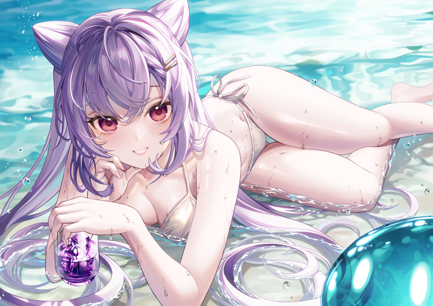 1girl absurdres bangs bare_shoulders bikini breasts cleavage collarbone double_bun genshin_impact hair_between_eyes hair_ornament hairclip highres holding keqing_(genshin_impact) long_hair looking_at_viewer lying messy_hair midriff myless on_side partially_submerged purple_hair sidelocks smile solo swimsuit thighs very_long_hair water white_bikini