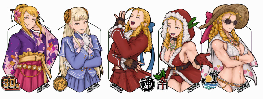 ahoge bikini blonde_hair breasts capcom_fighting_jam cleavage cosplay crossed_arms drill_hair flower fur_trim hair_flower hair_ornament hairpods hat hershuar highres hood ingrid_(capcom) ingrid_(capcom)_(cosplay) japanese_clothes kanzuki_karin kimono laughing looking_at_viewer multiple_persona official_alternate_costume ojou-sama_pose short_shorts shorts smile straw_hat street_fighter street_fighter_v swimsuit upper_body white_bikini