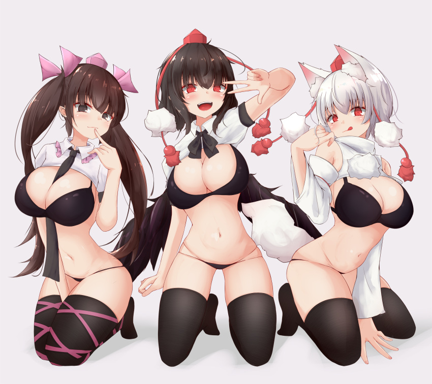 3girls :d :q animal_ear_fluff animal_ears bangs between_breasts bikini black_hair black_legwear breasts brown_eyes brown_hair cleavage commentary_request cowboy_shot eyebrows_visible_through_hair finger_to_mouth grey_background hand_on_ground hat highres himekaidou_hatate inubashiri_momiji kneeling large_breasts long_hair mamo_murata midriff multiple_girls navel necktie necktie_between_breasts open_mouth pom_pom_(clothes) red_eyes shameimaru_aya short_sleeves simple_background smile stomach swimsuit tail thighhighs tokin_hat tongue tongue_out touhou twintails v white_hair wings wolf_ears wolf_tail