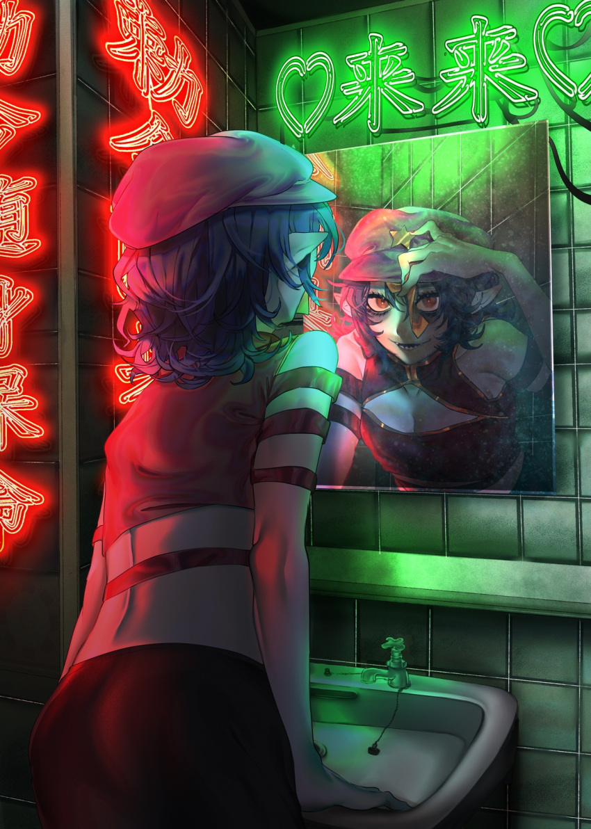 1girl adapted_costume alternate_eye_color bare_shoulders black_skirt breasts cabbie_hat cleavage cleavage_cutout clothing_cutout commentary_request cowboy_shot crop_top different_reflection faucet hat hat_ornament heart highres jiangshi looking_at_viewer medium_hair mirror miyako_yoshika neon_lights ofuda open_mouth pale_skin pointy_ears purple_hair purple_headwear red_eyes reflection sharp_teeth shirt sink skirt sleeveless sleeveless_shirt solo star_(symbol) star_hat_ornament teeth touhou yamazaki_tsukune