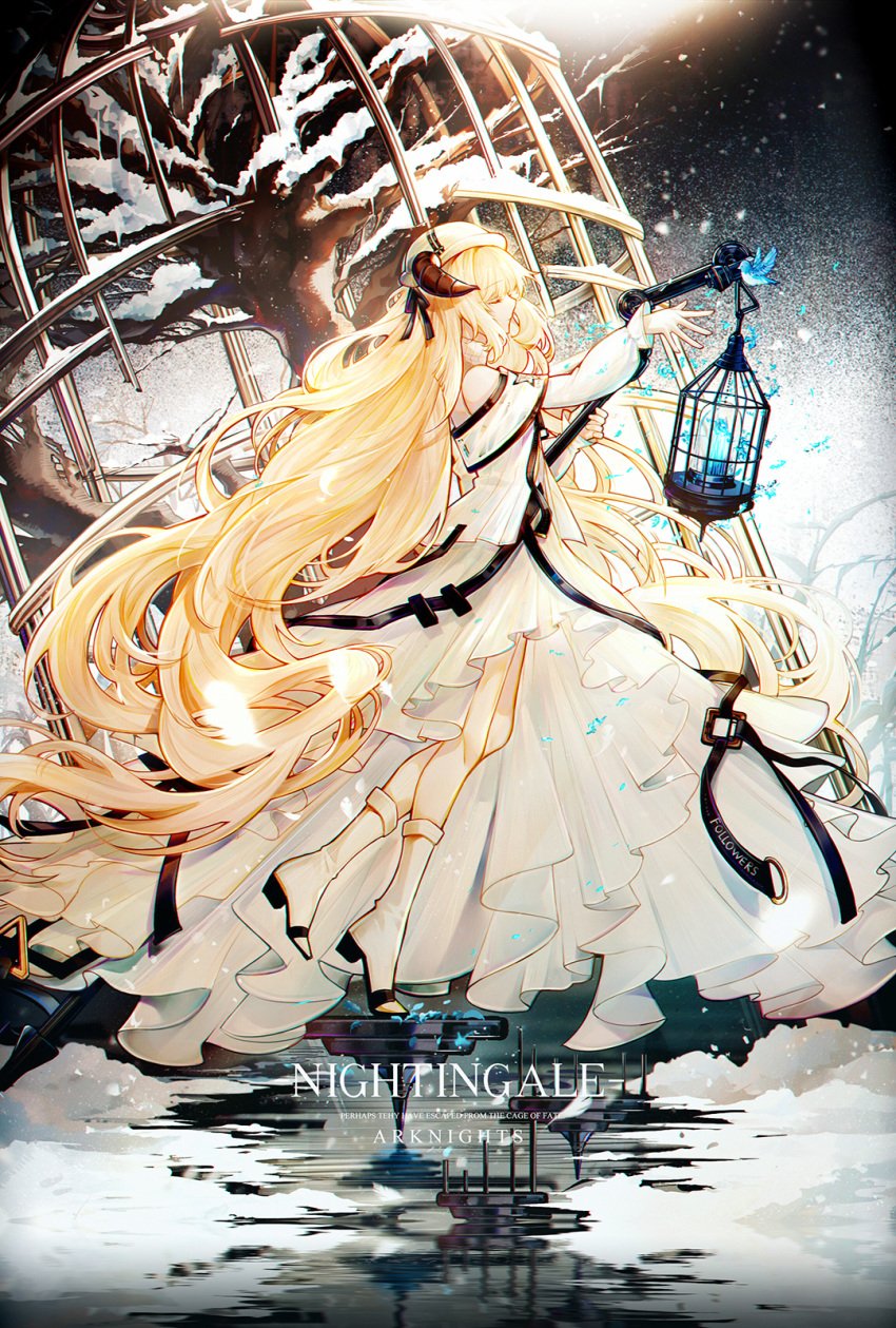 1girl absurdly_long_hair animal arknights bai_qi-qsr bangs bird birdcage blonde_hair boots cage closed_eyes coat from_side hat highres holding holding_staff lantern long_hair night night_sky nightingale_(arknights) petals reaching_out reflection sky solo staff very_long_hair