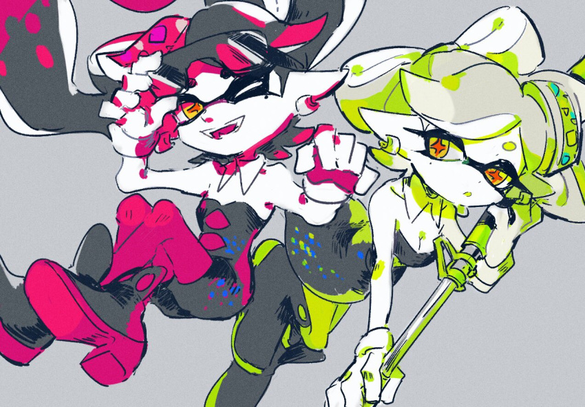 +_+ 2girls bare_shoulders black_dress black_hair boots callie_(splatoon) dress earrings eyewear_removed fangs floating floating_hair food food_on_head green_pants grey_background guifan gun hand_up hat holding holding_gun holding_weapon jewelry long_hair looking_at_viewer looking_to_the_side marie_(splatoon) multiple_girls object_on_head one_eye_closed open_mouth pants pink_pants rifle short_hair simple_background smile sniper_rifle splatoon_(series) sunglasses sushi weapon white_hair yellow_eyes