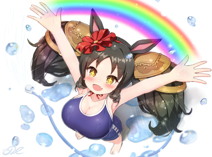 +_+ 1girl :d \o/ absurdres animal_ears armpits arms_up blush breasts brown_hair cleavage drill_locks fang from_above hairband highres horse_ears horse_girl hose j2l large_breasts long_hair looking_up marvelous_sunday_(umamusume) open_mouth oppai_loli outstretched_arms rainbow school_swimsuit signature smile solo swimsuit twintails umamusume very_long_hair water_drop yellow_eyes