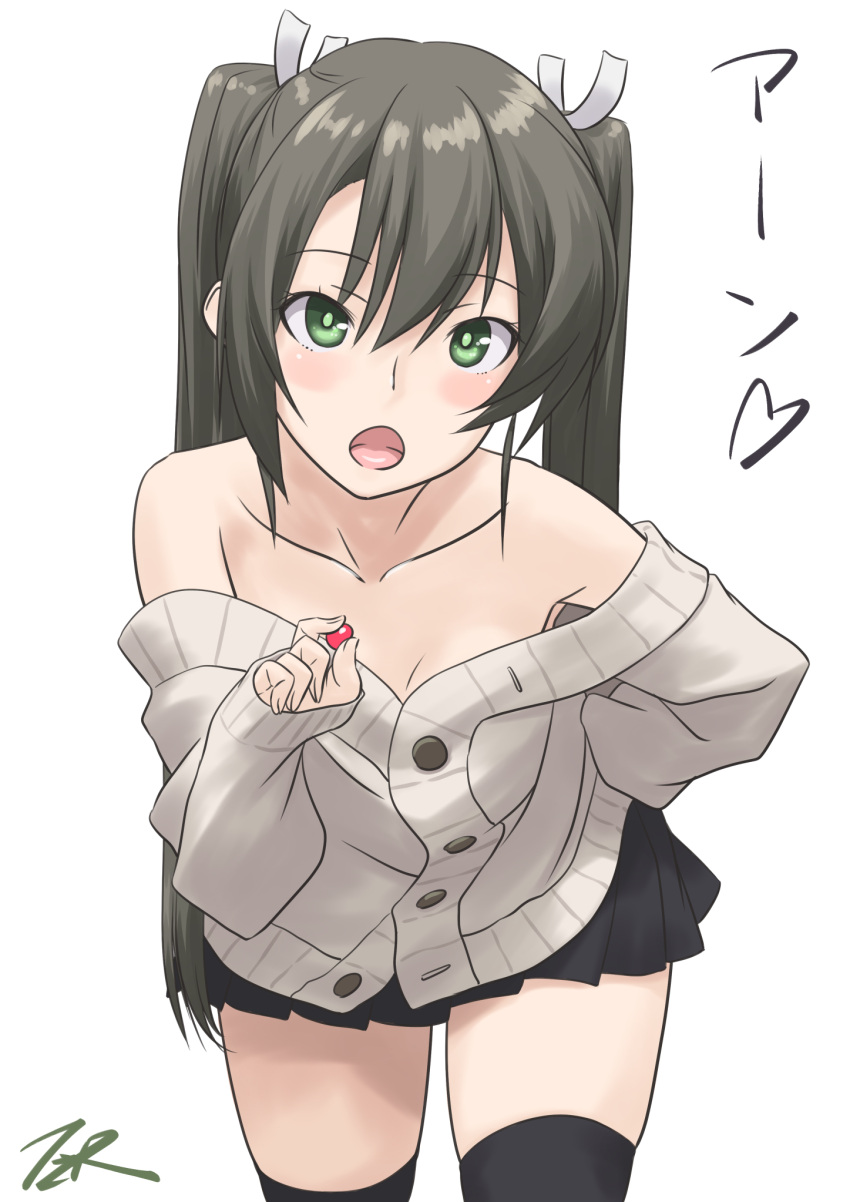 1girl artist_name bangs bare_shoulders black_legwear black_skirt blush breasts buttons commentary_request eyebrows_visible_through_hair green_eyes green_hair hair_between_eyes highres holding kantai_collection katakana long_hair long_sleeves open_mouth shirt simple_background skirt small_breasts solo t2r thighhighs twintails white_background white_shirt zuikaku_(kancolle)