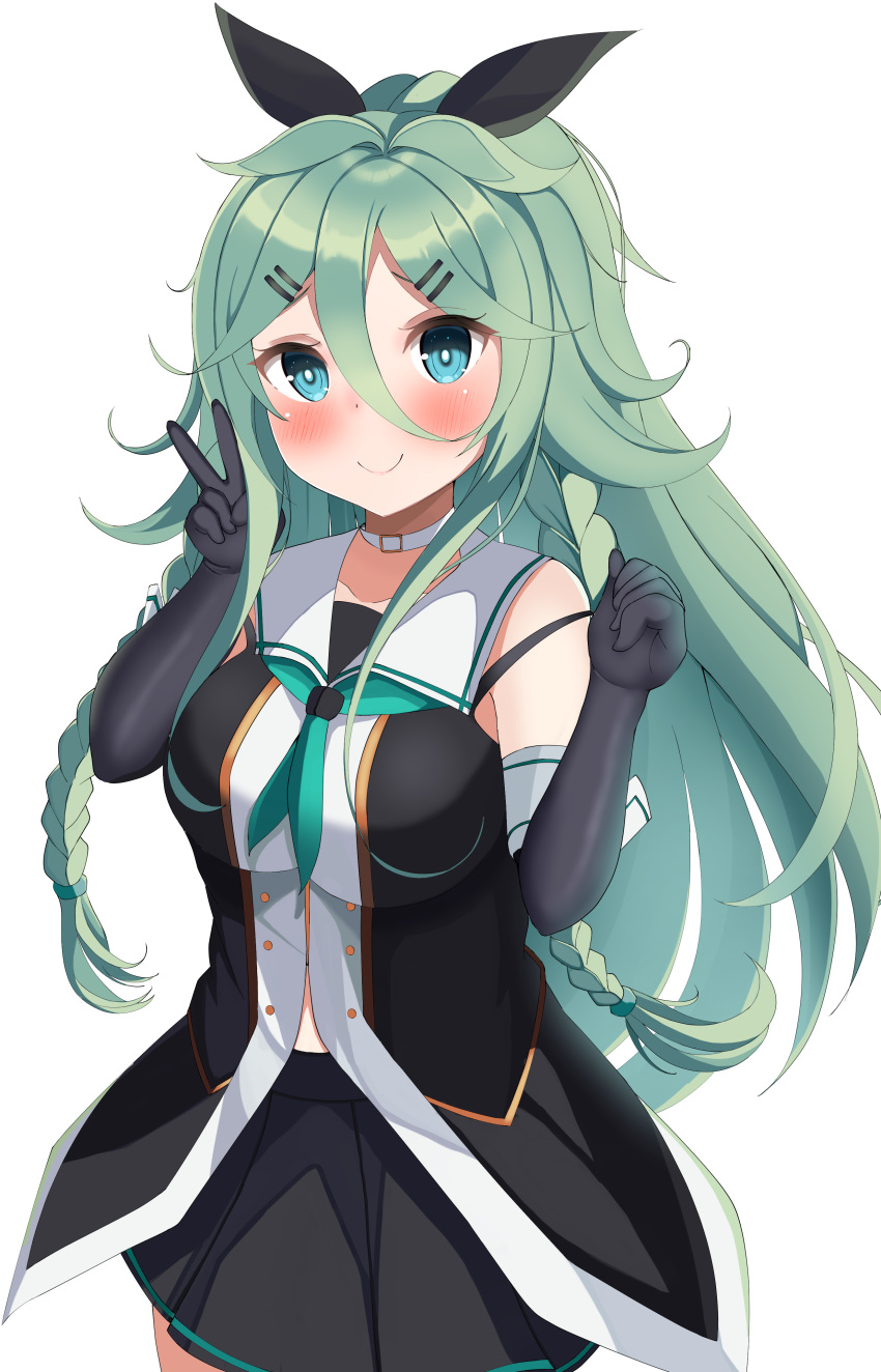 1girl absurdres aruka0807 bangs black_gloves black_ribbon black_serafuku black_skirt braid elbow_gloves gloves green_eyes green_hair green_neckerchief hair_between_eyes hair_flaps hair_ornament hair_ribbon hairclip highres kantai_collection long_braid long_hair neckerchief parted_bangs pleated_skirt ponytail remodel_(kantai_collection) ribbon school_uniform serafuku side_braids sidelocks skirt sleeveless solo yamakaze_(kancolle) yamakaze_kai_ni_(kancolle)