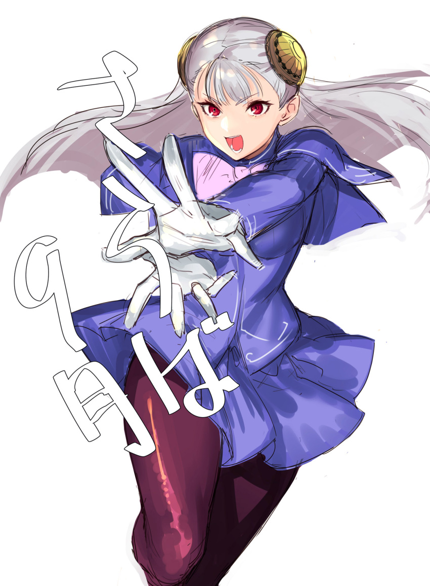 1girl brown_legwear capcom_fighting_jam commentary_request gloves hairpods highres ingrid_(capcom) jacket long_hair open_mouth pantyhose pink_ribbon platinum_blonde_hair pleated_skirt purple_jacket purple_skirt red_eyes ribbon skirt solo tetsu_(kimuchi) white_gloves