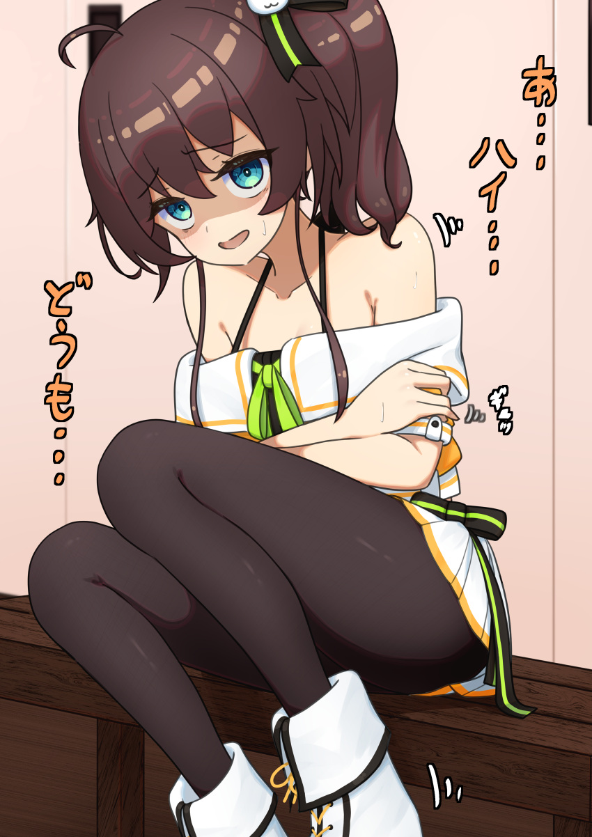 1girl absurdres ahoge bad_id bad_pixiv_id bangs black_legwear black_ribbon blue_eyes boots brown_hair commentary crossed_arms disgust green_ribbon hair_between_eyes hair_ribbon halterneck highres hololive jacket lunch_boxer medium_hair miniskirt natsuiro_matsuri neck_ribbon off-shoulder_jacket off_shoulder open_mouth orange_jacket out_of_frame pantyhose pleated_skirt ribbon scared short_sleeves side_ponytail skirt solo_focus spaghetti_strap sweatdrop translated virtual_youtuber white_footwear white_skirt