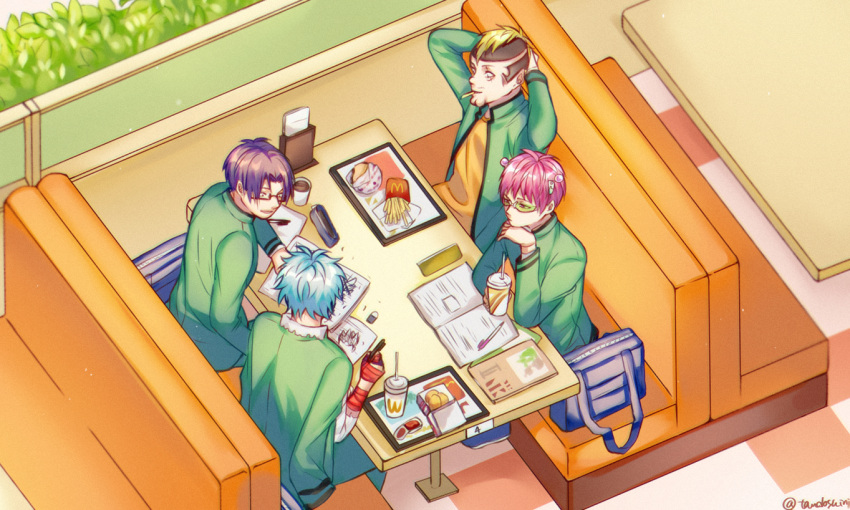 4boys bandages blonde_hair cleft_chin facial_hair fast_food glasses headgear kaidou_shun kuboyasu_aren light_blue_hair male_focus mcdonald's mohawk multiple_boys mustache nendou_riki pink_hair pirika_(rm0315) purple_hair saiki_kusuo saiki_kusuo_no_psi_nan scar scar_across_eye school_uniform tinted_eyewear