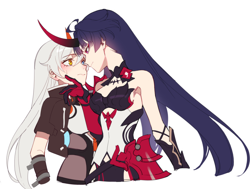 2girls absurdres antenna_hair armpits bangs bare_shoulders black_gloves black_jacket blue_eyes breasts closed_mouth gauntlets gloves hair_between_eyes hand_on_another's_chin heterochromia highres honkai_(series) honkai_impact_3rd horns insane84699530 jacket kiana_kaslana kiana_kaslana_(void_drifter) long_hair looking_at_another multiple_girls purple_eyes purple_hair raiden_mei raiden_mei_(herrscher_of_thunder) short_sleeves sideboob simple_background single_gauntlet smile sweatdrop white_background white_hair yellow_eyes yuri