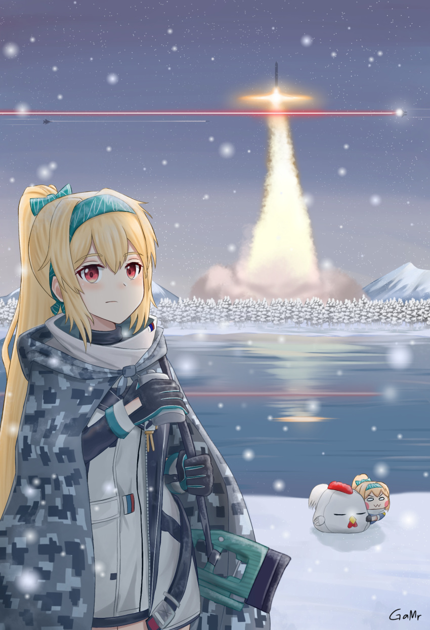 1girl ace_combat ace_combat_zero artist_name bird black_gloves blonde_hair blush bow camouflage_cloak chibi chicken closed_mouth eyebrows_visible_through_hair feet_out_of_frame gamryous girls'_frontline gloves green_bow green_hairband gun hair_bow hairband highres holding holding_weapon jacket laser long_hair looking_at_viewer mod3_(girls'_frontline) ponytail red_eyes rifle rifle_on_back rocket russian_flag scenery snowflake_background solo standing sv-98 sv-98_(girls'_frontline) weapon white_jacket winter