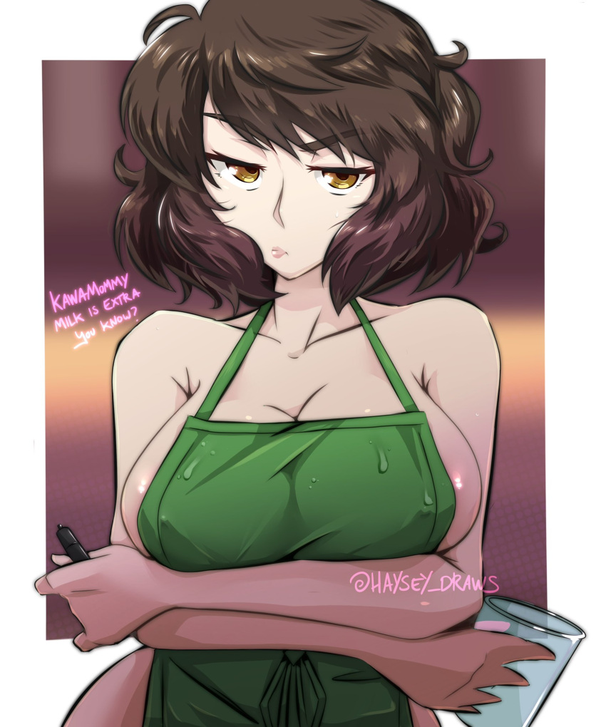 1girl apron bare_shoulders barista border breasts brown_eyes brown_hair cafe closed_mouth covered_nipples cup disposable_cup english_text green_apron haysey highres holding holding_cup holding_marker iced_latte_with_breast_milk_(meme) kawakami_sadayo large_breasts marker meme naked_apron persona persona_5 short_hair skeptical white_border