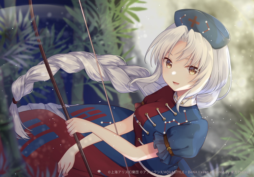 1girl arrow_(projectile) asymmetrical_clothes bagua bamboo bamboo_forest bangs bow_(weapon) braid braided_ponytail constellation_print dress forest frilled_dress frills gomano_rio hat highres long_hair looking_at_viewer looking_to_the_side moon nature nurse_cap open_mouth outdoors puffy_short_sleeves puffy_sleeves short_sleeves silver_hair solo touhou touhou_danmaku_kagura trigram weapon yagokoro_eirin yellow_eyes