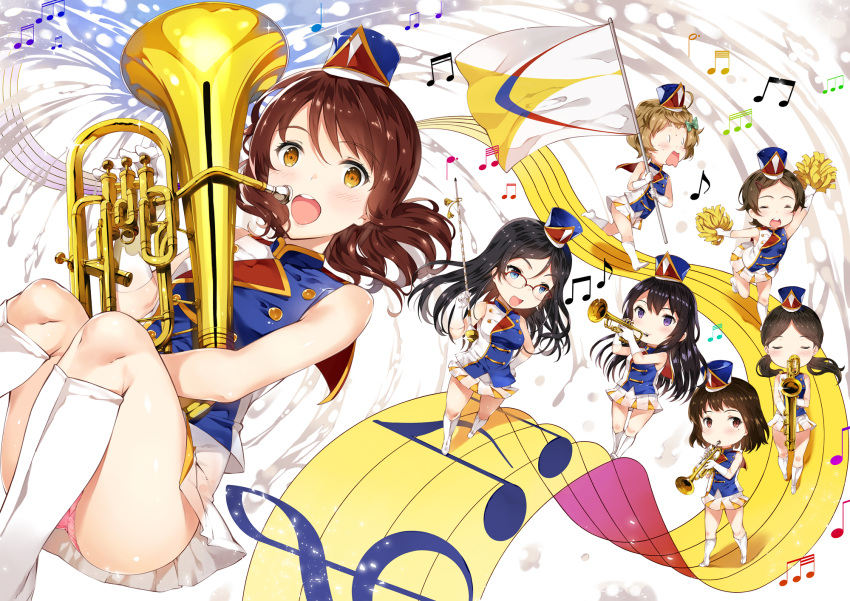 6+girls band_uniform bangs baritone_saxophone baton black_hair blonde_hair blue_eyes blue_headwear blue_shirt blush brown_eyes brown_hair chibi euphonium flag glasses gloves green_eyes hat hibike!_euphonium highres holding holding_instrument instrument katou_hazuki kawashima_sapphire kousaka_reina long_hair looking_at_viewer mole mole_under_eye multiple_girls nakaseko_kaori ogasawara_haruka open_mouth oumae_kumiko panties pantyshot pink_panties pleated_skirt red_eyes saxophone shirt short_hair skirt sleeveless sleeveless_shirt smile standing tachibana_yuu tanaka_asuka trumpet underwear white_skirt