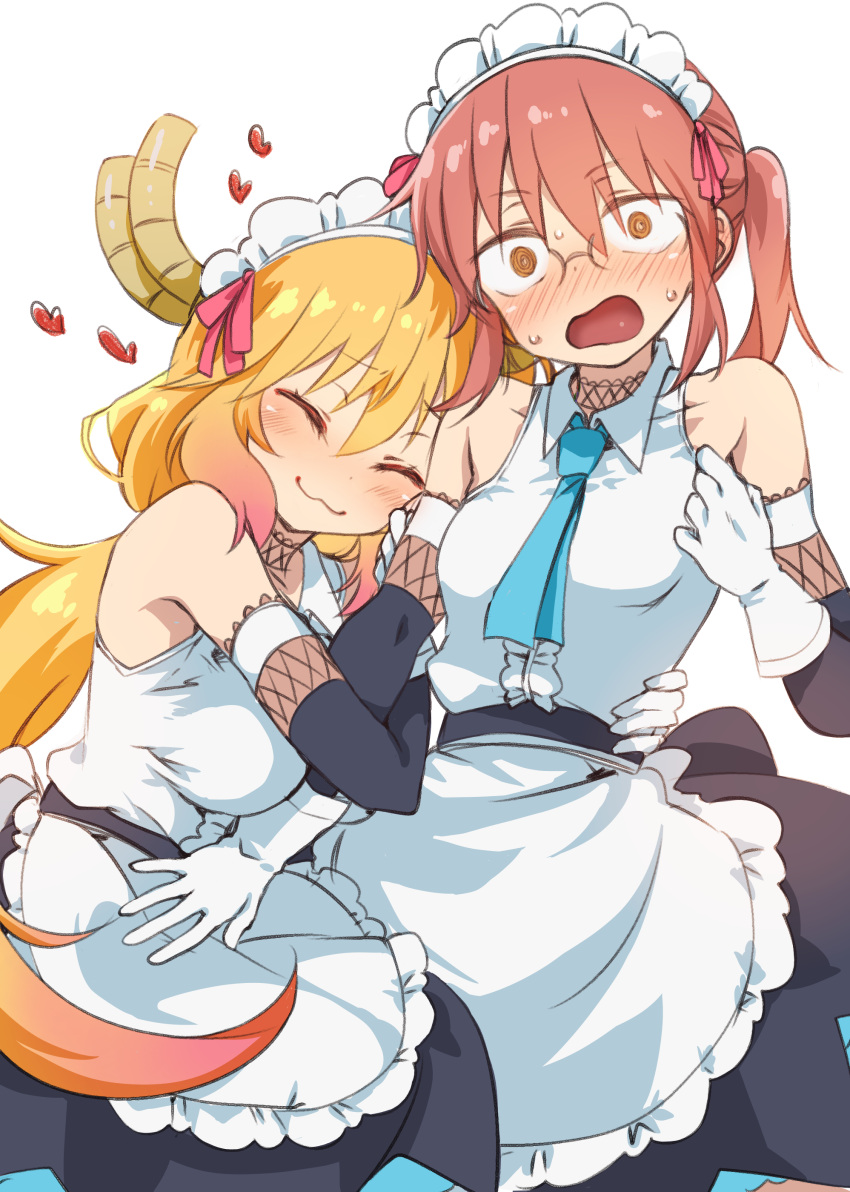 2girls @_@ ^_^ absurdres alternate_costume apron bangs bare_shoulders blonde_hair blue_necktie blush choker closed_eyes collared_dress commentary cowboy_shot detached_sleeves dragon_horns enmaided flustered frilled_apron frills glasses gloves hand_on_another's_waist heart highres horns kobayashi-san_chi_no_maidragon kobayashi_(maidragon) kobayashi_sun_(artist) lace lace_choker locked_arms long_hair maid maid_apron multiple_girls necktie open_mouth ponytail red_hair short_hair simple_background smile sweatdrop tohru_(maidragon) twintails white_apron white_background white_gloves yuri