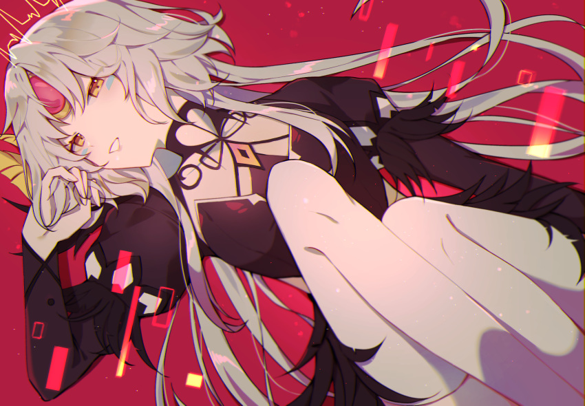 1girl adjusting_hair android bangs black_dress black_feathers breasts code:_antithese_(elsword) commentary crown dark_persona dress electricity elsword english_commentary eve_(elsword) eyes_visible_through_hair facial_mark feather_trim feathers fingernails forehead_jewel grin half-closed_eyes hand_in_hair highres jewelry juliet_sleeves long_hair long_sleeves looking_at_viewer looking_down puffy_sleeves rakusebun rectangle red_background robot silver_hair sitting small_breasts smile solo teeth thighs wavy_hair white_legwear yellow_eyes