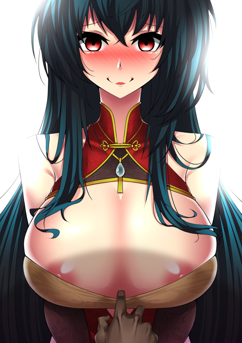 1girl absurdres assisted_exposure azur_lane bangs bare_shoulders black_hair blush breast_squeeze breasts bridal_gauntlets china_dress chinese_clothes cleavage_cutout clothing_cutout creepy_eyes crossed_bangs cutout_above_navel dress empty_eyes evil_smile full-face_blush h.carrrrrrot highres huge_breasts long_hair looking_at_viewer nipple_slip nipples official_alternate_costume pov pov_hands red_eyes red_lips simple_background smile taihou_(azur_lane) taihou_(phoenix's_spring_song)_(azur_lane) very_long_hair white_background yandere