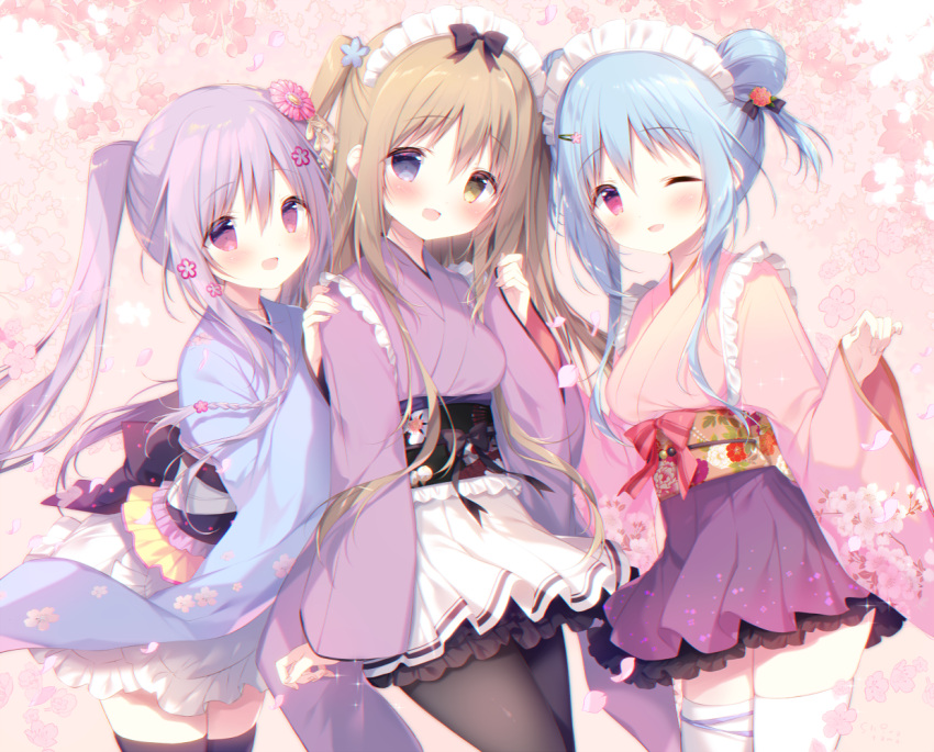 3girls :d ;d bangs black_legwear blue_eyes blue_hair blue_kimono blush brown_eyes brown_hair commentary_request eyebrows_visible_through_hair floral_background hair_between_eyes hand_on_another's_shoulder heterochromia japanese_clothes kimono long_hair long_sleeves multiple_girls obi one_eye_closed open_mouth original pantyhose pink_kimono pleated_skirt purple_hair purple_kimono purple_skirt red_eyes sash shiratama_(shiratamaco) skirt sleeves_past_wrists smile thighhighs twintails very_long_hair wa_maid white_legwear wide_sleeves