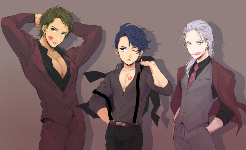 3boys alternate_hairstyle belt blue_eyes blue_hair carparian collarbone commentary_request enjouji_michiru eyelashes formal green_hair hair_down hand_in_pocket idolmaster idolmaster_side-m jacket jacket_on_shoulders jewelry kizaki_ren lipstick lipstick_mark looking_at_viewer makeup male_focus multiple_boys necklace necktie off_shoulder one_eye_closed open_mouth parted_lips pectoral_cleavage pectorals silver_hair simple_background smeared_lipstick smile taiga_takeru the_kogado_(idolmaster) waistcoat yellow_eyes