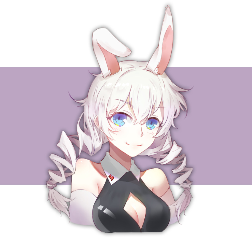 1girl absurdres animal_ears bangs bare_shoulders black_leotard breasts cleavage closed_mouth drill_hair elbow_gloves gloves hair_between_eyes highres honkai_(series) honkai_impact_3rd kiana_kaslana leotard lingo_(akitovo) long_hair looking_at_viewer playboy_bunny rabbit_ears smile solo twin_drills v-shaped_eyebrows white_gloves white_hair