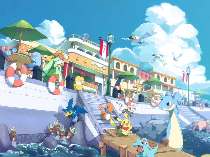 :d alolan_persian alolan_raichu binacle building chair charmander closed_mouth cloud commentary_request cramorant day fire flame highres inteleon kura_(shironagasu02) lapras lifebuoy lilligant mew mienshao open_mouth outdoors pikachu pokemon pokemon_(creature) psyduck quagsire sitting sky slowpoke smile stairs standing table tongue totodile typhlosion umbrella water wingull wooper