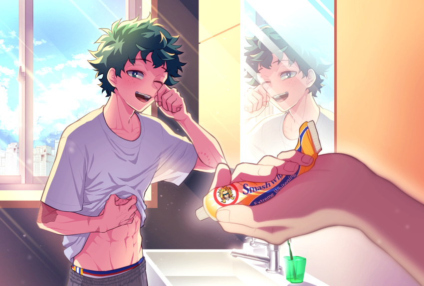 2boys boku_no_hero_academia clothes_lift green_eyes green_hair grey_pants highres male_focus male_underwear midoriya_izuku midriff mirror multiple_boys navel one_eye_closed open_mouth pants shii_(pixiv_id_53468693) shirt shirt_lift short_hair stomach t-shirt underwear white_shirt