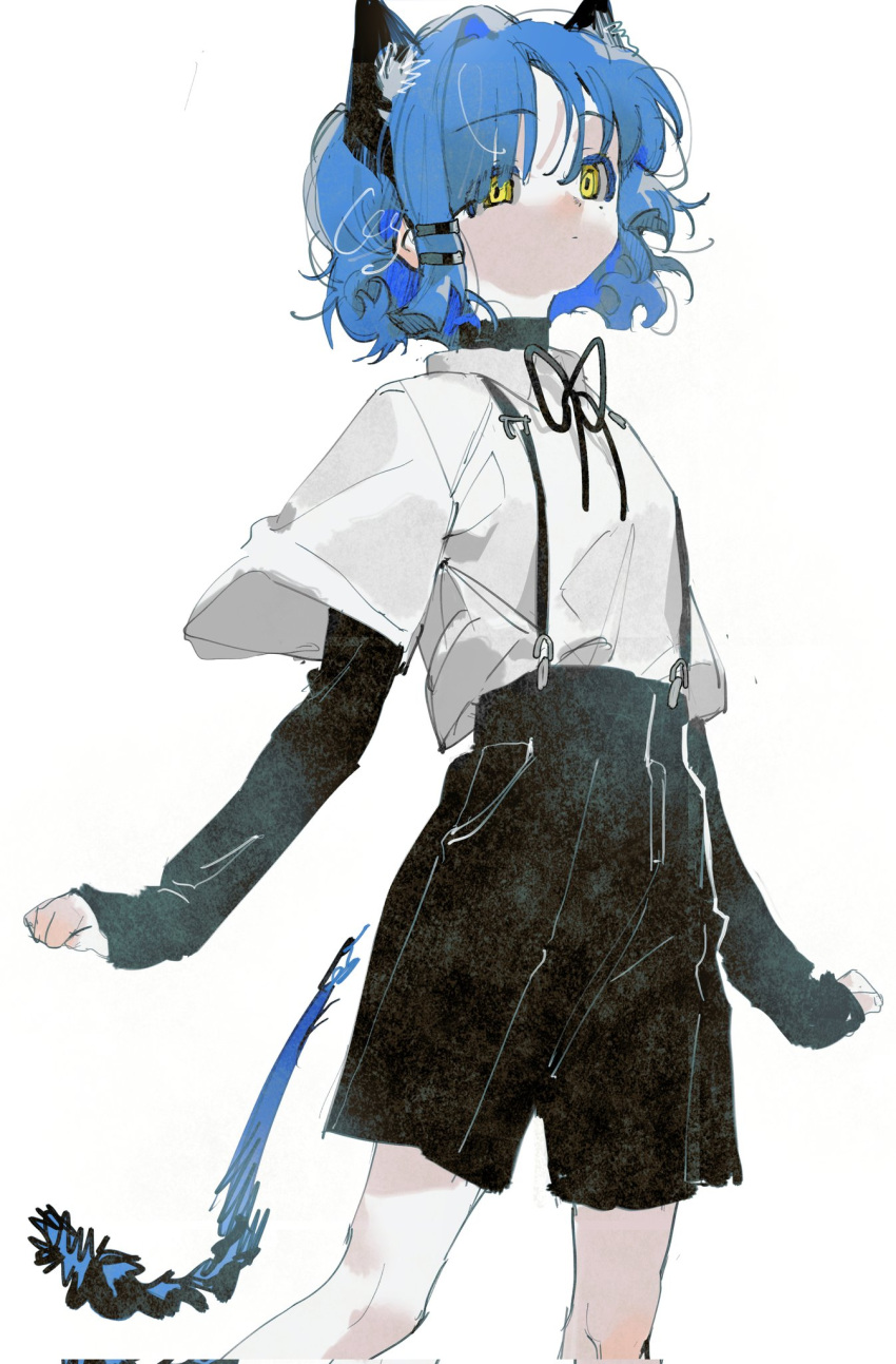1girl animal_ears black_ribbon black_shorts blue_hair bocchi_the_rock! closed_mouth collared_shirt hair_ornament hairclip highres long_sleeves neck_ribbon ribbon shirt short_hair short_sleeves shorts sleeves_past_wrists solo standing suspender_shorts suspenders tnotss1 white_background white_shirt yamada_ryo yellow_eyes