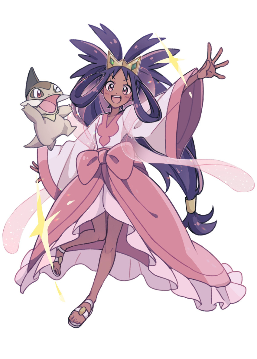 1girl 64ibon :d absurdres axew blush commentary dark-skinned_female dark_skin eyelashes hair_rings happy highres iris_(pokemon) knees knees_together_feet_apart long_hair long_sleeves looking_at_viewer low-tied_long_hair open_mouth outstretched_arms pink_skirt pokemon pokemon_(creature) pokemon_bw2 ponytail sandals shirt skirt smile symbol-only_commentary teeth tiara upper_teeth_only v-neck white_background white_footwear white_shirt wide_sleeves