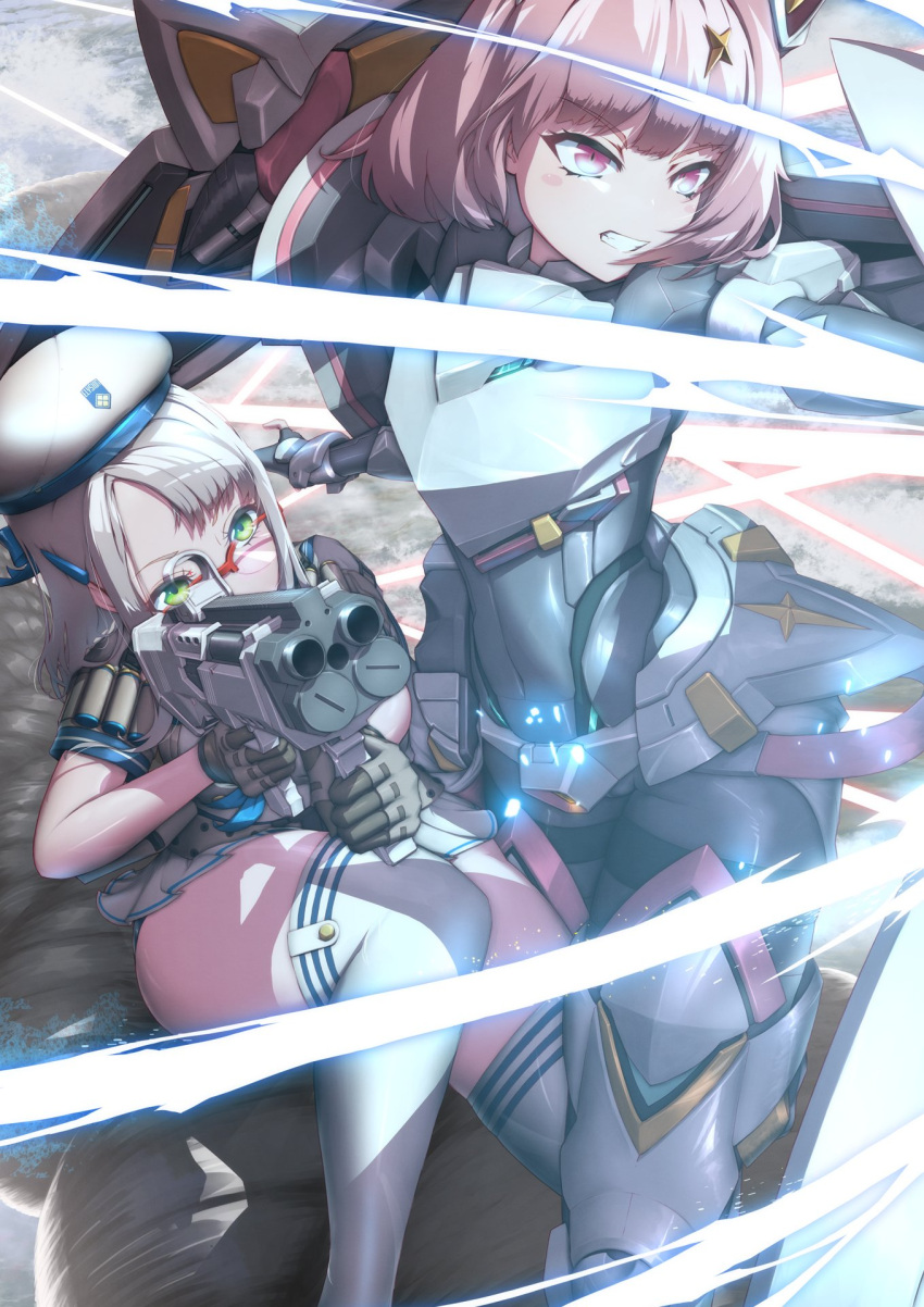 2girls aiming armor armored_bodysuit armored_gloves belt black_bodysuit blue_bow blue_sailor_collar blush bodysuit bow breastplate collar dress glasses goddess_of_victory:_nikke hair_bow hair_intakes hair_ornament hairclip headgear highres hip_armor hiraken legs long_hair looking_through_scope multiple_girls neon_(nikke) noah_(nikke) parted_lips pink_hair sailor_collar short_hair short_sleeves shoulder_armor sparkle_hair_ornament thighhighs thighs white_dress white_hair white_headwear