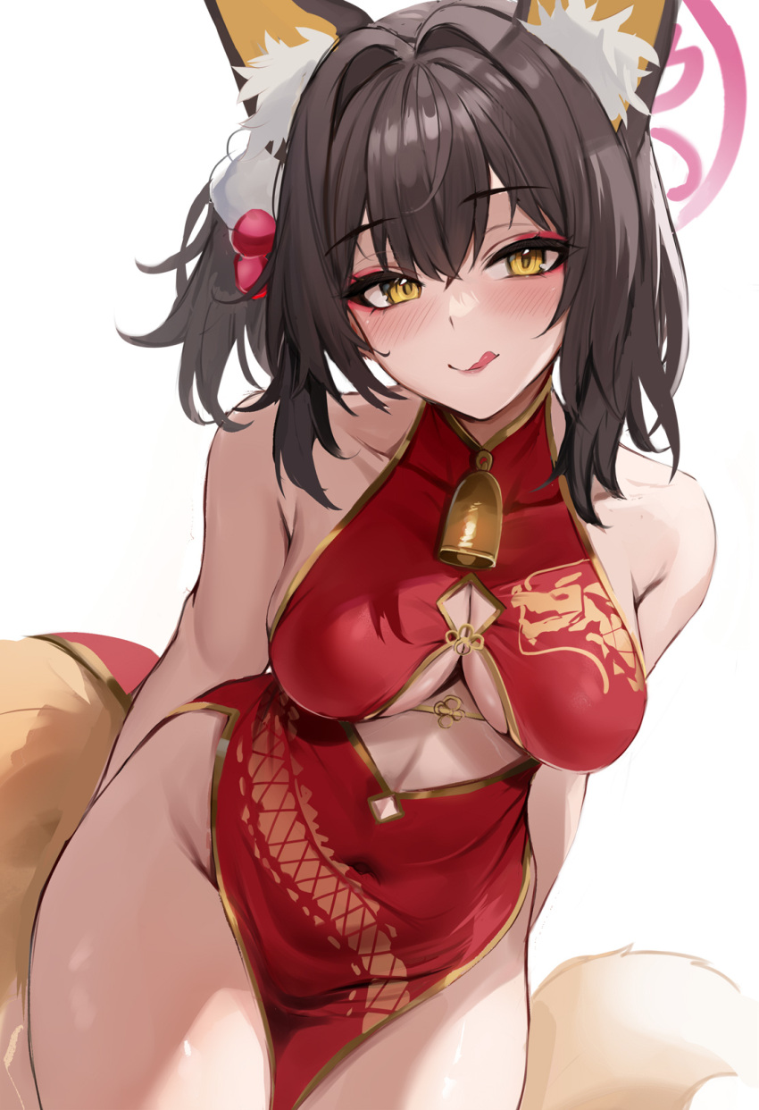 1girl animal_ear_fluff animal_ears bell black_hair blue_archive blush breasts china_dress chinese_clothes collarbone covered_navel cowboy_shot dress eyeshadow fox_ears fox_tail groin halo highres izuna_(blue_archive) looking_at_viewer makeup medium_breasts neck_bell pink_eyeshadow pink_halo red_dress short_hair simple_background sleeveless sleeveless_dress solo stone_(ksorede) tail tongue tongue_out white_background yellow_eyes