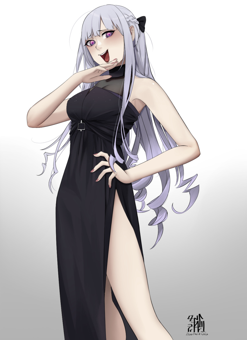 1girl ak-12_(girls'_frontline) arm_up artificial_eyes black_dress blunt_bangs bow braid breasts darkpulsegg dress girls'_frontline hair_bow hand_on_own_hip highres large_breasts laughing legs long_hair looking_at_viewer ojou-sama_pose open_mouth purple_eyes side_slit sidelocks sleeveless sleeveless_dress solo thighs white_hair