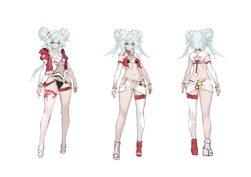 absurdres bare_legs bell bikini bikini_skirt bikini_under_clothes black_bikini blue_eyes blue_hair breasts clothing_cutout commentary_request cropped_jacket detached_sleeves double_bun fang florence_(neural_cloud) from_behind full_body girls'_frontline girls'_frontline_neural_cloud hair_between_eyes hair_bun hair_ornament hair_ribbon hairpin heart heart-shaped_pupils high_heels highres hip_focus jacket long_hair miniskirt multiple_girls navel neck_bell o-ring o-ring_bikini o-ring_bottom one-piece_swimsuit open_clothes open_jacket pa-15_(girls'_frontline) pom_pom_(clothes) red_jacket red_ribbon ribbon shanyao_jiang_tororo single_bare_leg single_detached_sleeve single_thighhigh skirt small_breasts smile standing star_cutout stomach_cutout swimsuit swimsuit_under_clothes symbol-shaped_pupils thighhighs twintails very_long_hair white_hair white_skirt