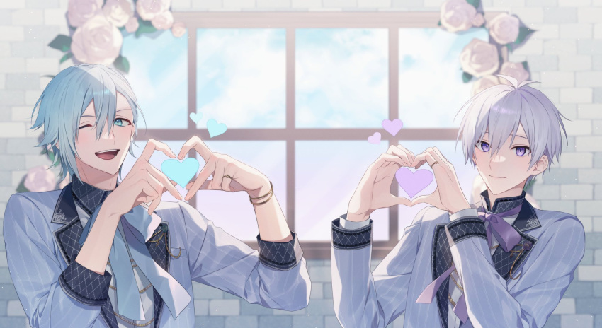 2boys aiue_o_eiua backlighting blue_bow blue_bowtie blue_eyes blue_hair blurry blurry_background bow bowtie bracelet brick_wall closed_mouth commentary_request flower heart heart_hands highres idolish7 jewelry light_blue_hair long_sleeves looking_at_viewer male_focus mezzo" multiple_boys one_eye_closed open_mouth osaka_sougo pinstripe_pattern pinstripe_suit purple_bow purple_bowtie purple_eyes purple_hair ring rose shirt sleeves_rolled_up smile striped suit upper_body white_flower white_rose white_shirt white_suit window yotsuba_tamaki