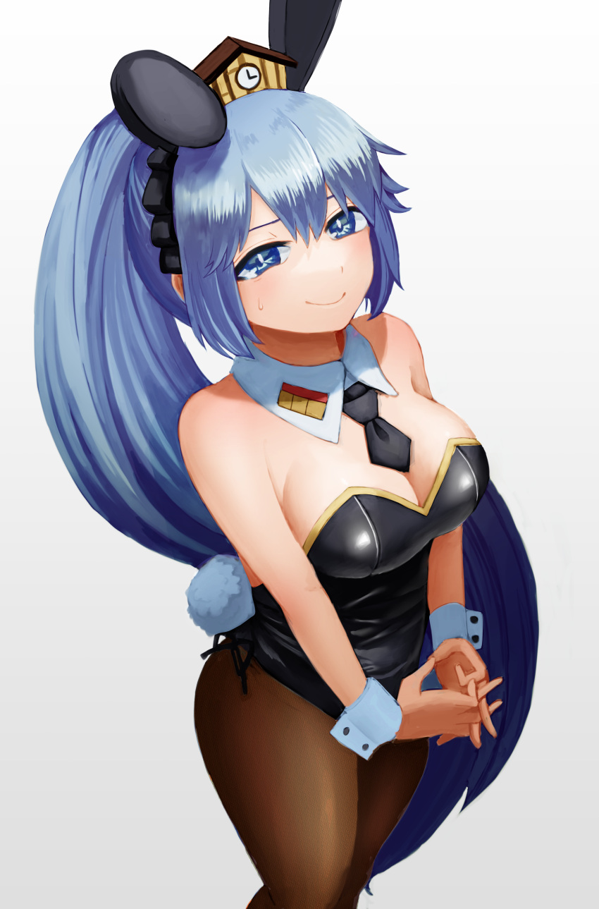 1girl absurdres animal_ears blue_eyes blue_hair blush breasts che_to_n cleavage clock detached_collar fake_animal_ears fake_tail hairband half-closed_eyes highres karlsruhe_(mist_train_girls) large_breasts leotard long_hair looking_at_viewer mist_train_girls necktie own_hands_together pantyhose playboy_bunny ponytail rabbit_ears rabbit_tail short_necktie smile solo strapless strapless_leotard sweat tail very_long_hair wrist_cuffs