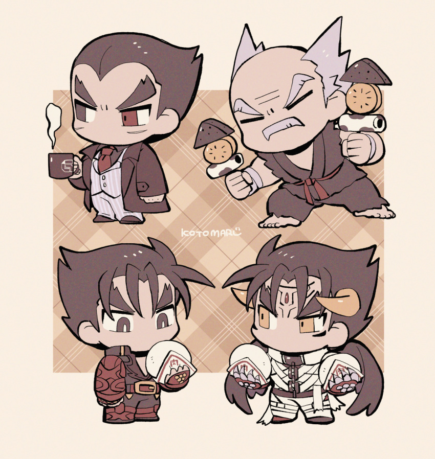 4boys black_coat black_hair black_wings bright_pupils brown_hair chibi coat devil_jin dougi dumpling facial_hair facial_mark food food_request full_body grey_hair highres holding holding_food holding_skewer kazama_jin kotorai male_focus mishima_heihachi mishima_kazuya multiple_boys mustache necktie no_nose red_eyes red_necktie scar scar_on_cheek scar_on_face skewer solo standing tekken thick_eyebrows v-shaped_eyebrows white_pupils wings yellow_eyes