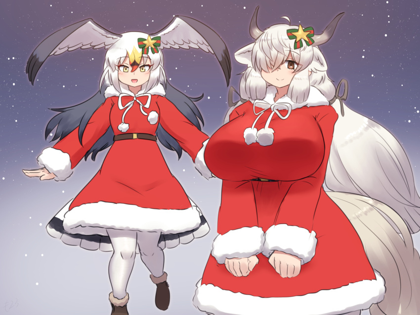 animal_ears bird_girl bird_tail bird_wings black-tailed_gull_(kemono_friends) black_hair blonde_hair blush breasts brown_eyes curvy dress extra_ears grey_hair hair_between_eyes hair_over_one_eye head_wings highres horns huge_breasts kemono_friends kemono_friends_3 long_hair looking_at_viewer mo23 multicolored_hair open_mouth ox_ears ox_girl ox_horns pantyhose ribbon santa_dress smile tail twintails very_long_hair white_hair wings yak_(kemono_friends) yellow_eyes