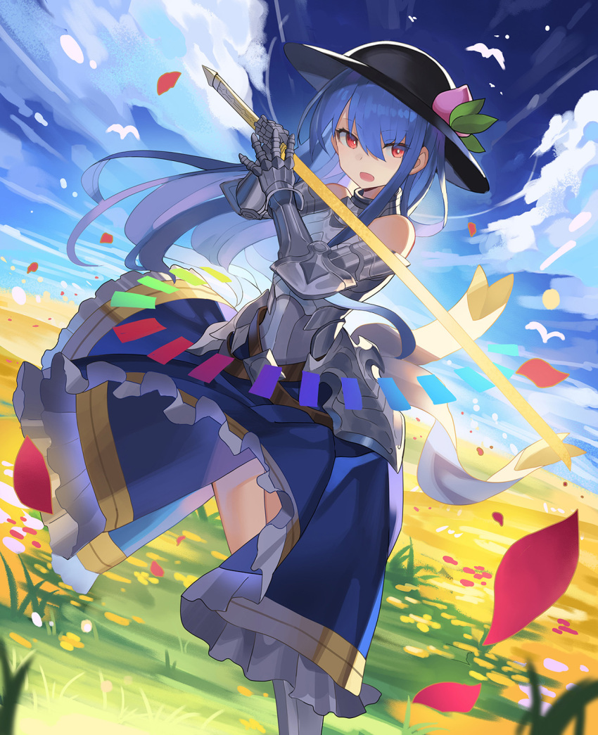 1girl adapted_costume armor bare_shoulders black_headwear blue_hair blue_skirt blue_sky cloud commentary day falken_(yutozin) faulds food frilled_skirt frills fruit gauntlets hair_between_eyes hat highres hinanawi_tenshi holding holding_sword holding_weapon long_hair long_skirt looking_at_viewer open_mouth outdoors peach petals rainbow_order red_eyes revision skirt sky smile sword touhou unworn_hat unworn_headwear very_long_hair weapon wind
