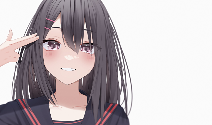 1girl black_hair blush commentary crying finger_gun finger_gun_to_head grin hair_ornament hairclip hand_up highres long_hair looking_at_viewer original pink_eyes school_uniform serafuku simple_background smile solo straight-on tears upper_body wanko_(yurika0320) white_background