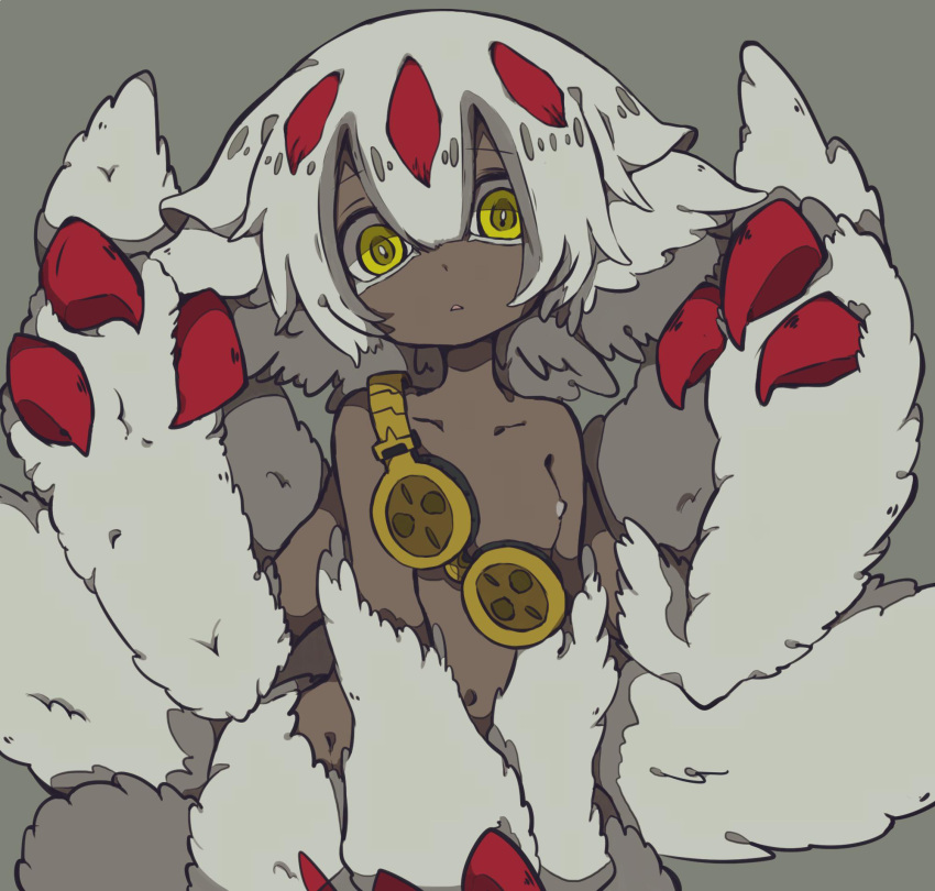 1girl body_fur breasts claws collarbone commentary_request cowboy_shot dark-skinned_female dark_skin ears_down extra_arms faputa goggles goggles_around_neck grey_background hair_between_eyes hands_up head_tilt highres horns looking_at_viewer made_in_abyss medium_hair monster_girl multiple_tails nipples parted_lips raised_eyebrows red_horns shiirodesu simple_background small_breasts solo tail tail_raised tareme topless v_arms white_fur white_hair yellow_eyes