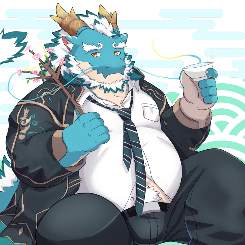 1boy absurdres aqua_skin bara beard belly branch bulge cherry_blossoms cup dragon_boy dragon_horns facial_hair fang feet_out_of_frame full_beard furry furry_male highres holding holding_branch holding_cup horns huge_eyebrows light_smile long_mustache male_focus mature_male multicolored_hair nyaoru_(ruoain) partially_unbuttoned plump qinglong_(housamo) sakazuki sitting skin_fang solo spread_legs thick_beard thick_navel_hair tokyo_afterschool_summoners two-tone_beard two-tone_hair