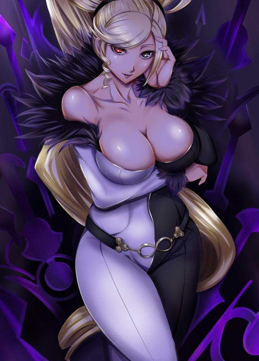 black_eyes breasts cleavage collarbone dress e_hair fur_trim gaien_(jin_morisono) highres hilda_(under_night_in-birth) large_breasts long_hair multicolored_clothes multicolored_dress off-shoulder_dress off_shoulder red_eyes swept_bangs tagme under_night_in-birth very_long_hair