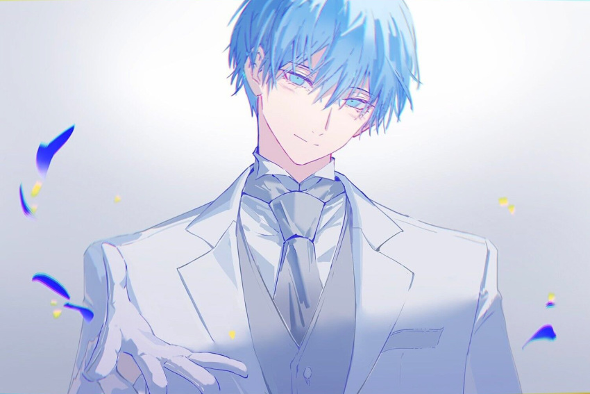 1boy beckoning blue_eyes byuey closed_mouth gloves grey_necktie grey_vest groom hand_up himmel_(sousou_no_frieren) jacket looking_at_viewer male_focus mole mole_under_eye necktie petals reaching reaching_towards_viewer shirt smile solo sousou_no_frieren suit upper_body vest wedding white_background white_gloves white_jacket white_shirt white_suit wing_collar