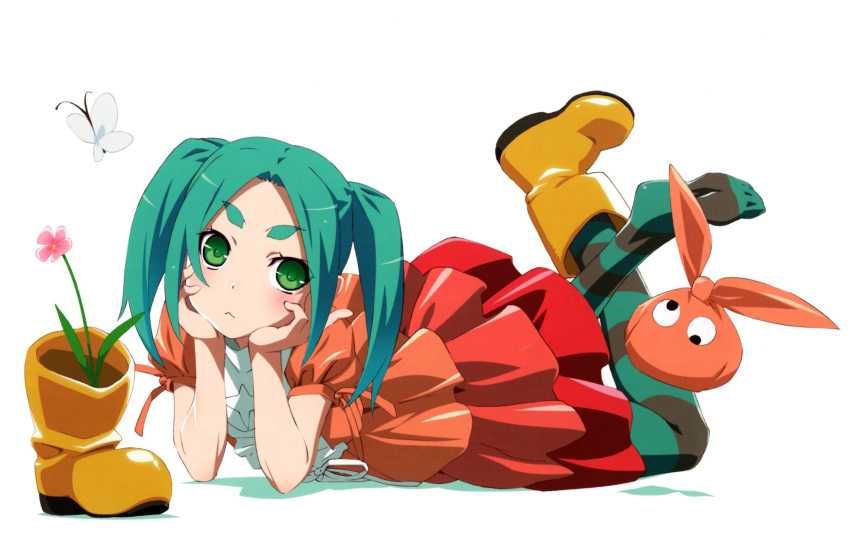 1girl aqua_hair black_thighhighs blush boots bug butterfly closed_mouth crossed_legs dress feet_up flower forehead googly_eyes gradient_dress green_eyes green_thighhighs highres long_hair lying monogatari_(series) no_shoes non-web_source official_art on_stomach ononoki_yotsugi orange_dress orange_headwear pink_flower red_dress rubber_boots shadow short_eyebrows sidelocks simple_background soles solo striped striped_thighhighs the_pose thick_eyebrows thighhighs toes twintails unworn_boots unworn_headwear watanabe_akio white_background