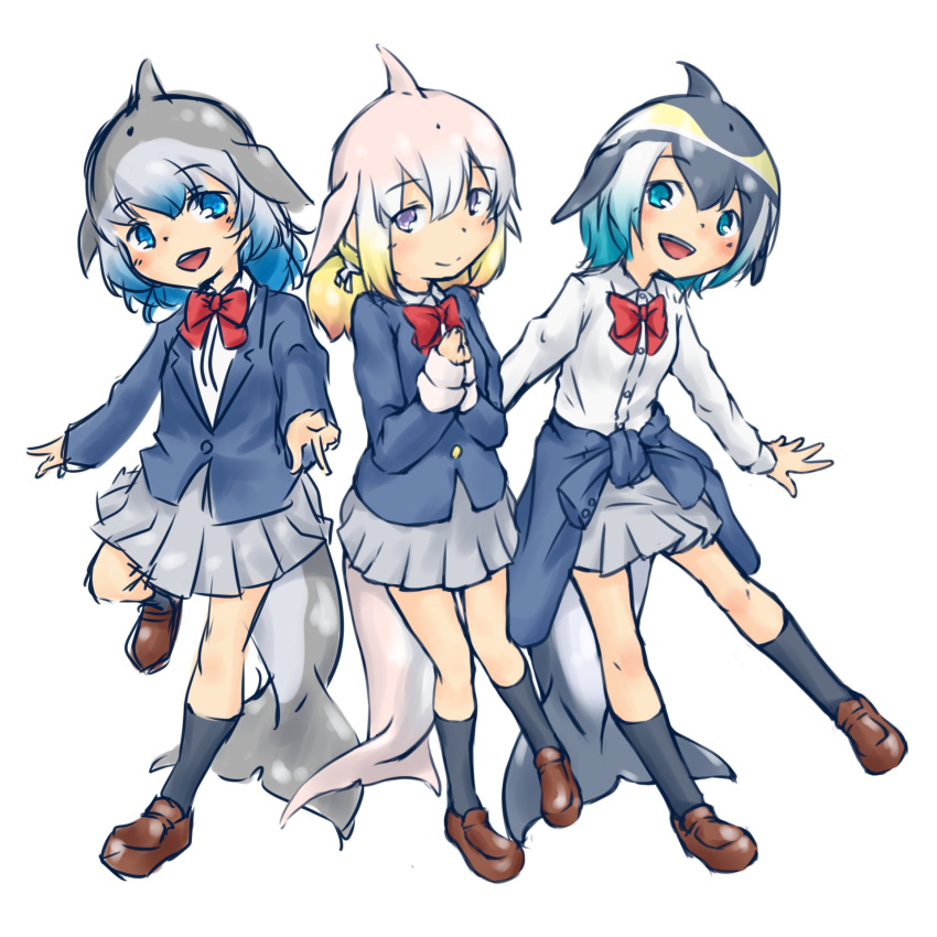 3girls alternate_costume black_hair black_socks blonde_hair blowhole blue_eyes blue_hair blue_jacket blush bow bowtie brown_footwear cetacean_tail chinese_white_dolphin_(kemono_friends) clothes_around_waist collared_shirt common_bottlenose_dolphin_(kemono_friends) common_dolphin_(kemono_friends) dolphin_girl dorsal_fin fins fish_tail grey_eyes grey_hair grey_skirt hair_between_eyes head_fins highres jacket jacket_around_waist kemono_friends loafers long_sleeves looking_at_viewer matching_outfits miyu_uduki multicolored_hair multiple_girls open_mouth orange_hair pink_hair pleated_skirt red_bow red_bowtie school_uniform shirt shoes short_hair short_twintails sidelocks skirt smile socks tail twintails white_hair white_shirt