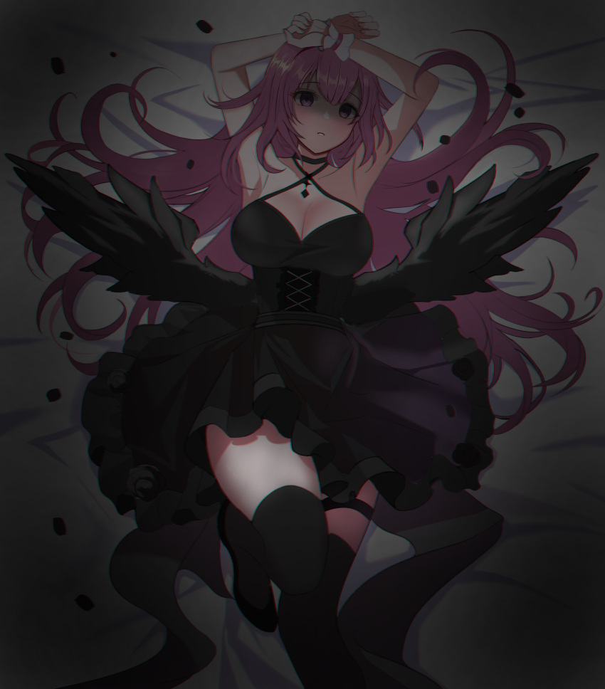 1girl 2wol0207_february absurdres angel_wings armpit_crease black_bow black_choker black_dress black_footwear black_thighhighs black_wings blush bow breasts choker cleavage corset criss-cross_halter doll dorothy_(nikke) dorothy_(nostalgia)_(nikke) dress empty_eyes feathered_wings feathers flower goddess_of_victory:_nikke hair_bow hair_bun hair_intakes halterneck high_heels highres large_breasts long_hair looking_at_viewer lying makeup nail_polish official_alternate_costume on_back parted_lips pink_hair pink_nails purple_eyes rose short_dress single_hair_bun single_side_bun sleeveless sleeveless_dress solo table thigh_strap thighhighs thighs wings