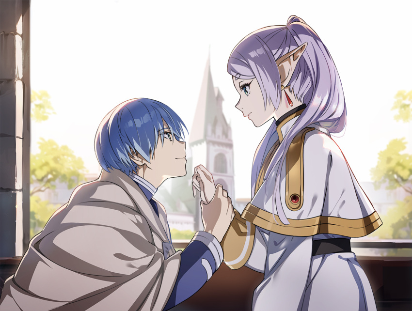 1boy 1girl blue_hair cape closed_mouth commentary dangle_earrings earrings elf frieren from_side gold_trim green_eyes himmel_(sousou_no_frieren) holding_another's_wrist jewelry long_hair looking_at_another nyoro_(nyoronyoro000) pointy_ears profile purple_hair short_hair sousou_no_frieren upper_body