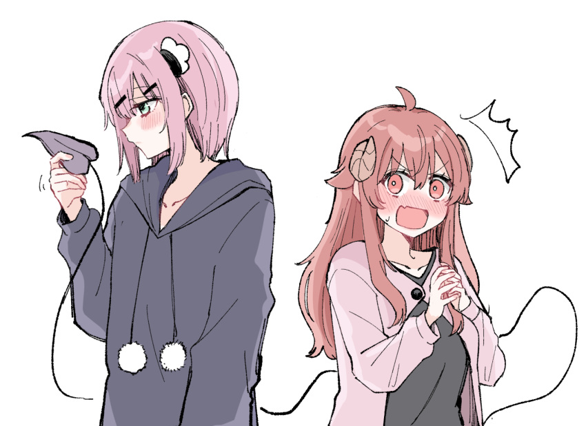 2girls 6t24413 ahoge blush brown_hair chiyoda_momo curled_horns demon_girl demon_horns demon_tail hair_ornament hood hoodie horns long_hair machikado_mazoku multiple_girls open_mouth pink_hair short_hair simple_background tail white_background yoshida_yuuko_(machikado_mazoku)