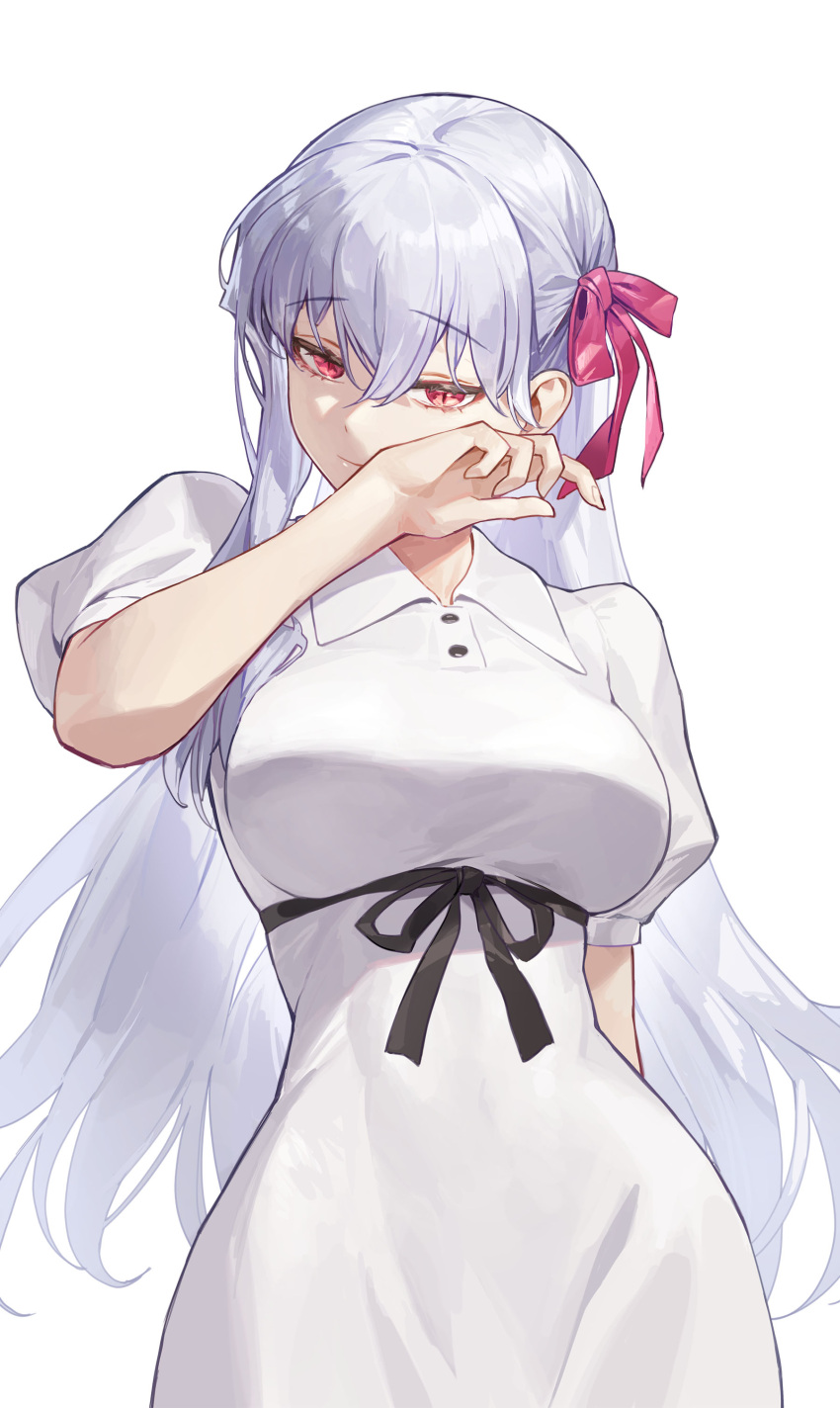 1girl absurdres black_ribbon breasts collared_dress cotta_(heleif) dress fate/stay_night fate_(series) grey_hair hair_ribbon hand_on_own_cheek hand_on_own_face heaven's_feel highres large_breasts looking_at_viewer matou_sakura red_eyes ribbon short_sleeves slit_pupils solo white_background white_dress
