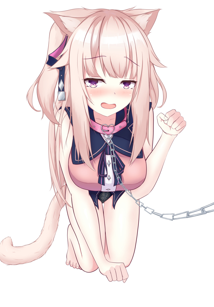 1girl absurdres animal_ear_fluff animal_ears bangs black_panties blush cat_ears cat_tail chain clenched_hands collar collarbone commentary_request empireo eyebrows_visible_through_hair hair_ornament highres hoshifuri_iku kneeling looking_at_viewer open_mouth panties pet_play pink_collar pink_hair prism_project purple_eyes simple_background solo tail underwear virtual_youtuber white_background